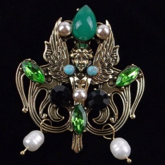 Enameled Rhinestone Winged Angel Brooch